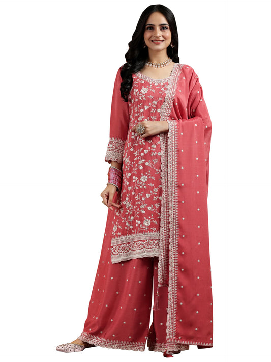 Libas Coral Embroidered Silk Blend Straight Kurta With Palazzos & Dupatta