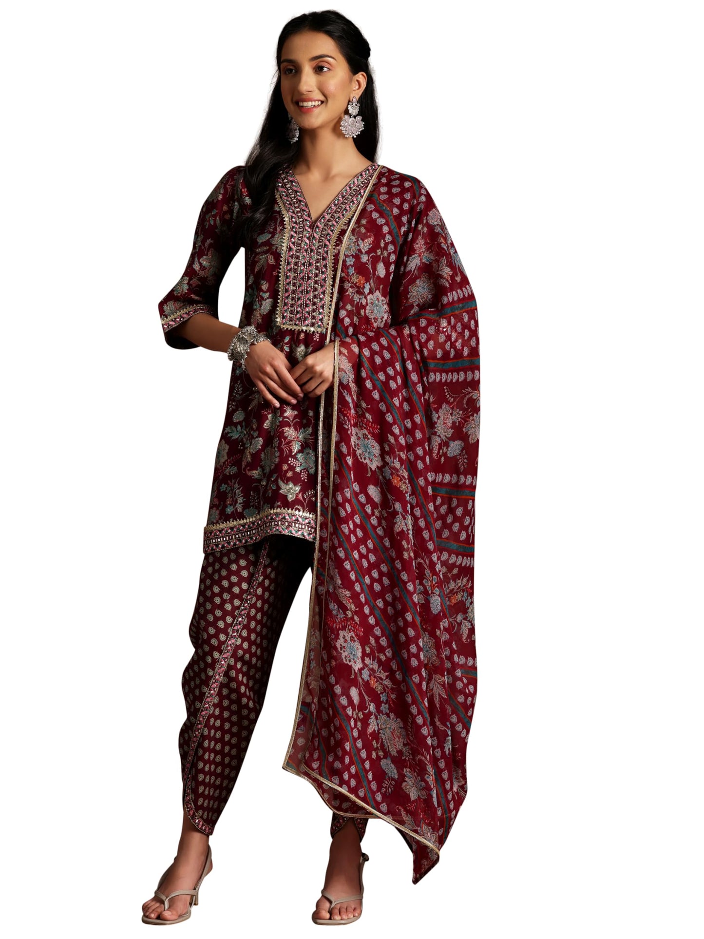 Libas Womens Printed Silk Blend Straight Kurta With Dhoti Pant And Dupatta