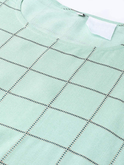 idaLia Women's Checkered Print Teal Rayon Kurta with White Palazzo Pants