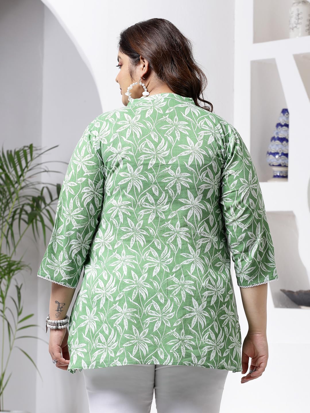 Stylum Womens Plus Size Tropical Printed Cotton Empire Top