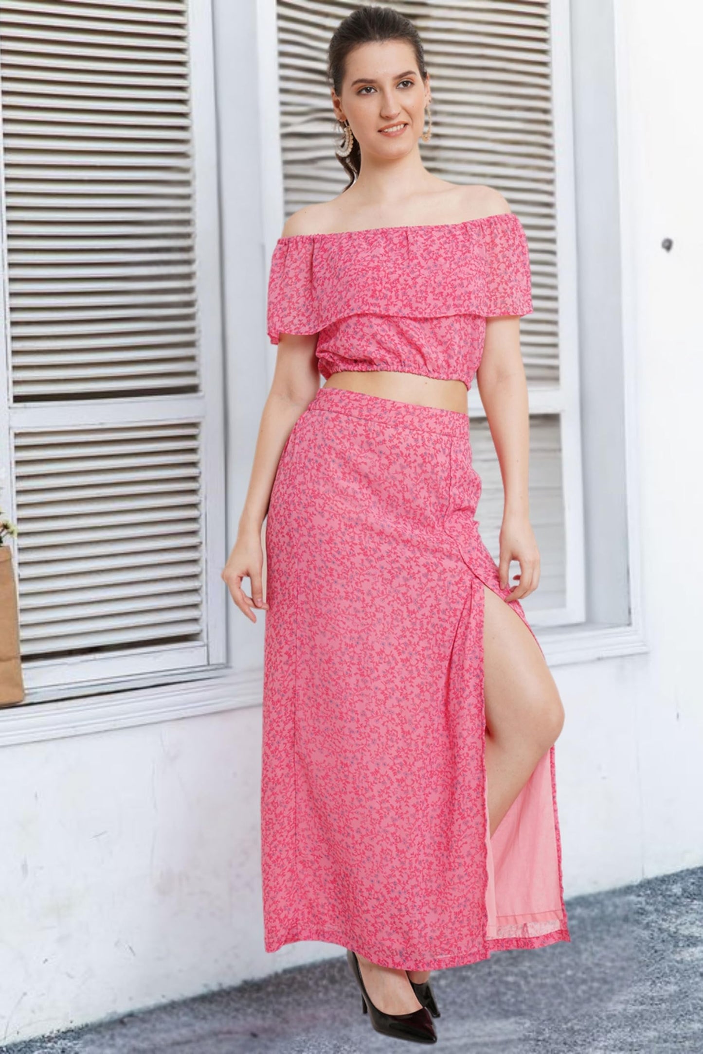 POPWINGS Casual Floral Printed Off-Shoulder Crop Top and Long Slit Skirt Set for Women | Co-Ords Set for Women Stylish Western |