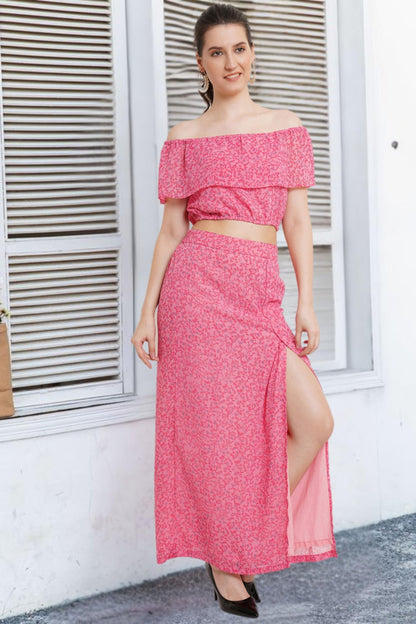POPWINGS Casual Floral Printed Off-Shoulder Crop Top and Long Slit Skirt Set for Women | Co-Ords Set for Women Stylish Western |