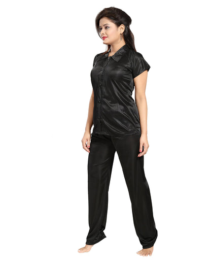 Fabme WomenS Plain Satin Night Suit (Shirt And Pyjama) (Black) (Size - Xx-Large || Bust 42)