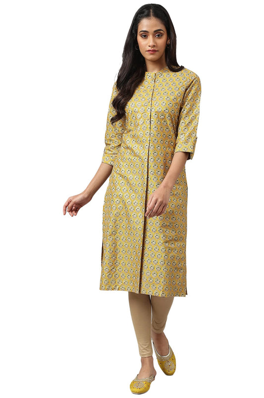 W for Woman Women's Viscose Regular Glitter Printed Kurta in Mandarin Collar