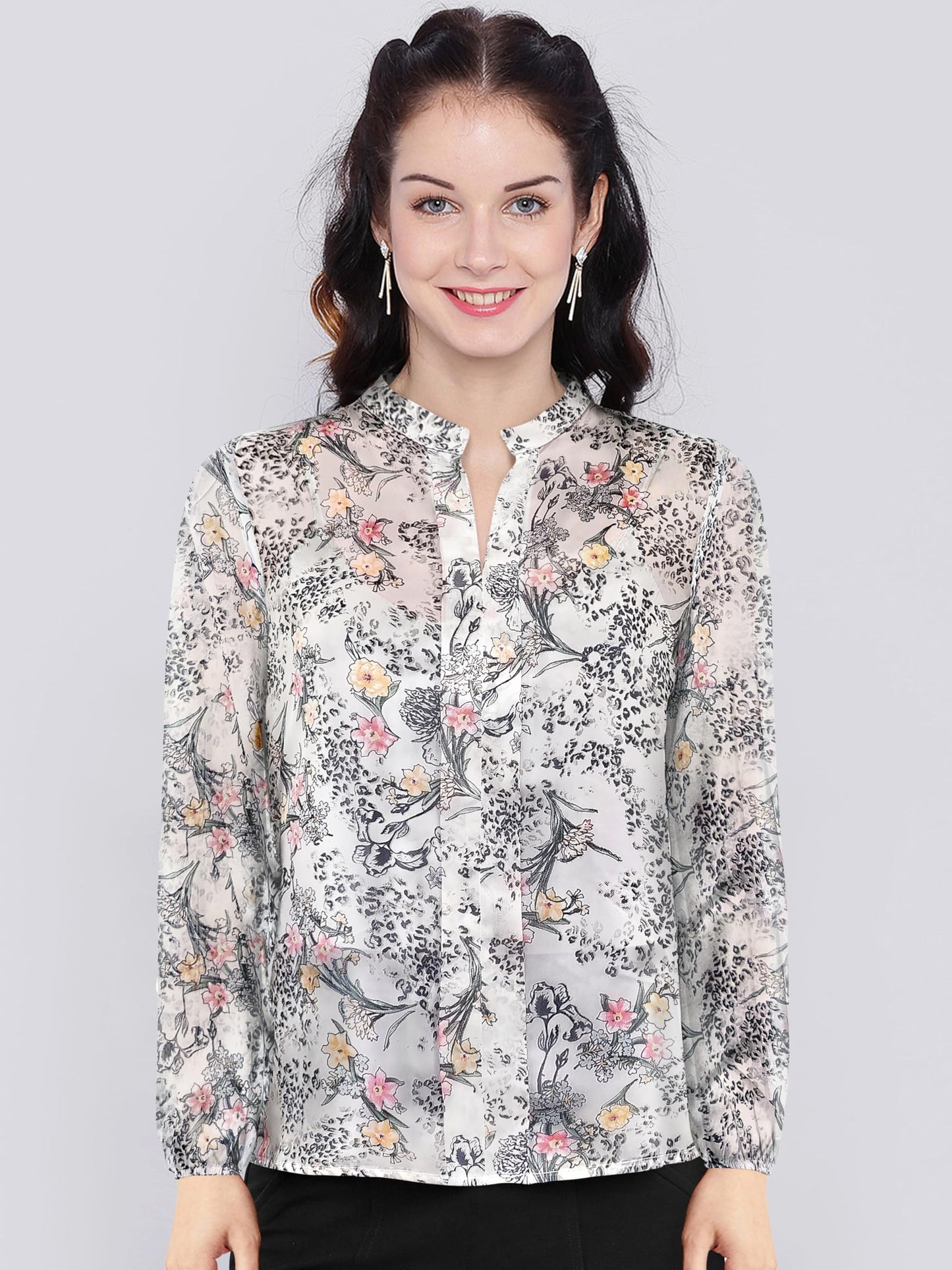 Toochki WomenS Grey Georgette Botanical Print Straight Western Top | Winter Top | Western Top | Top For Women | Latest Women To