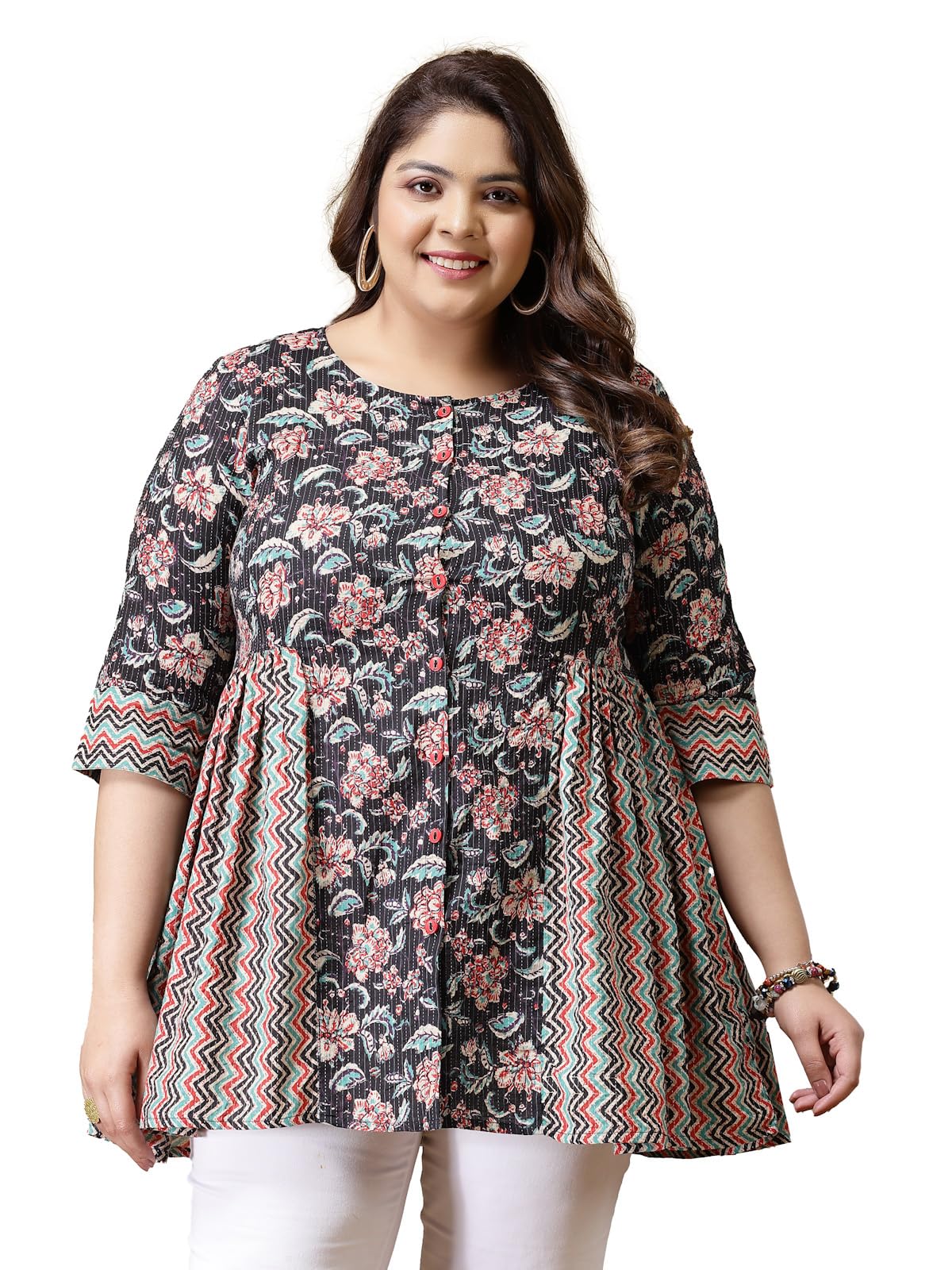 Stylum Womens Plus Size Floral Printed Cotton Peplum Top