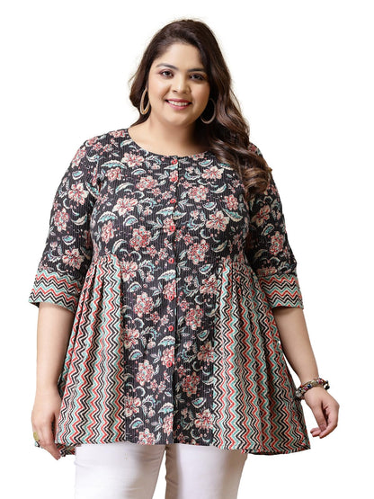 Stylum Womens Plus Size Floral Printed Cotton Peplum Top