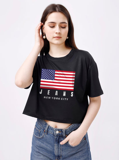 ELLITI Soft Rich Cotton Black Half Sleeve | Round Neck | Oversized/Loose Fit | Down Solder | US Flage Print Crop Top for Women (