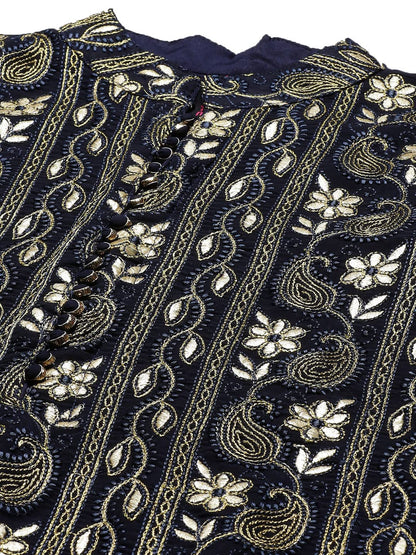 ishin Women's Georgette Navy Blue Embroidered A-Line Kurta With Trouser & Dupatta