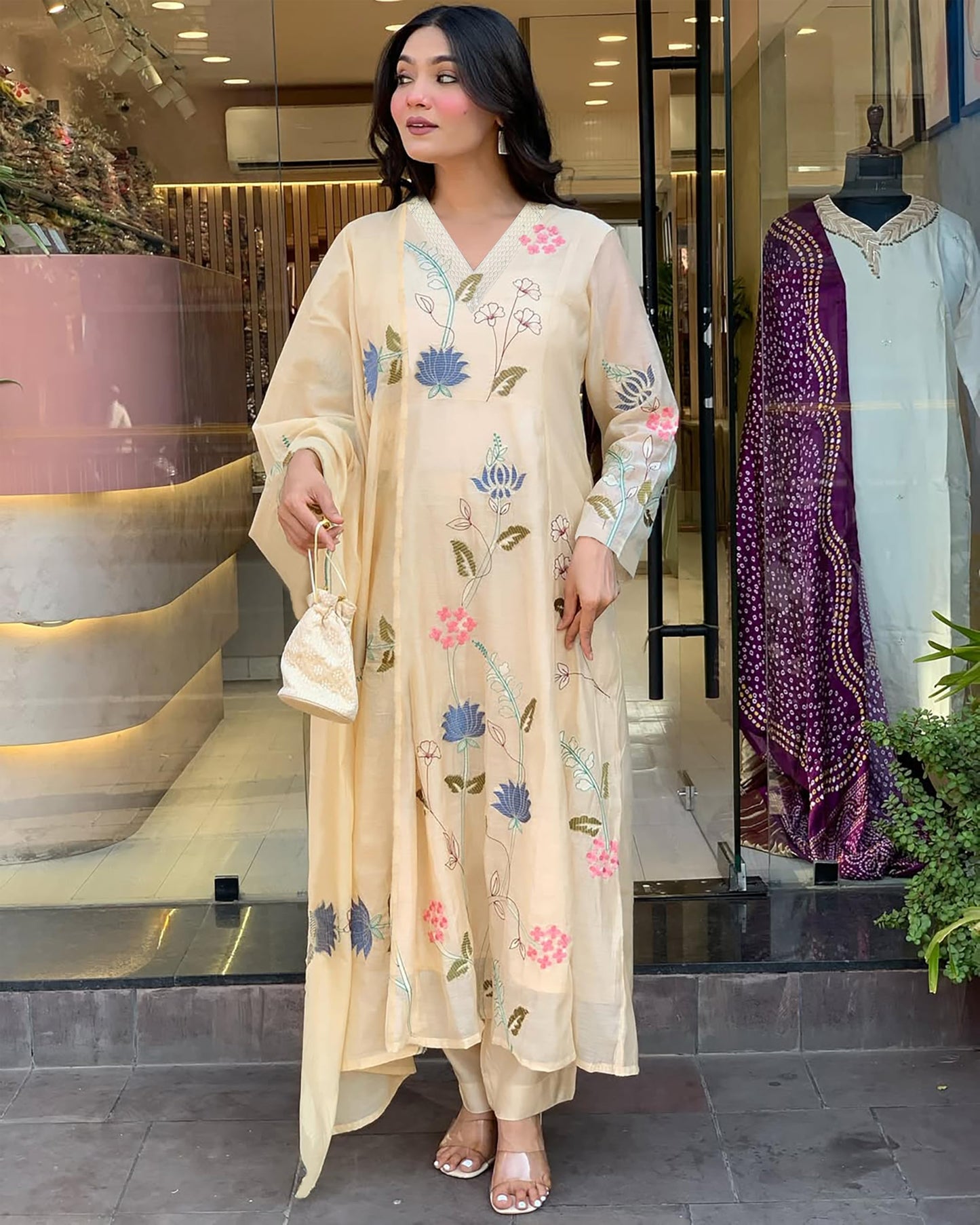 Toochki Womens Muslin Anarkali Embroidered with Printed Kurta with Palazzo and Dupatta Beige