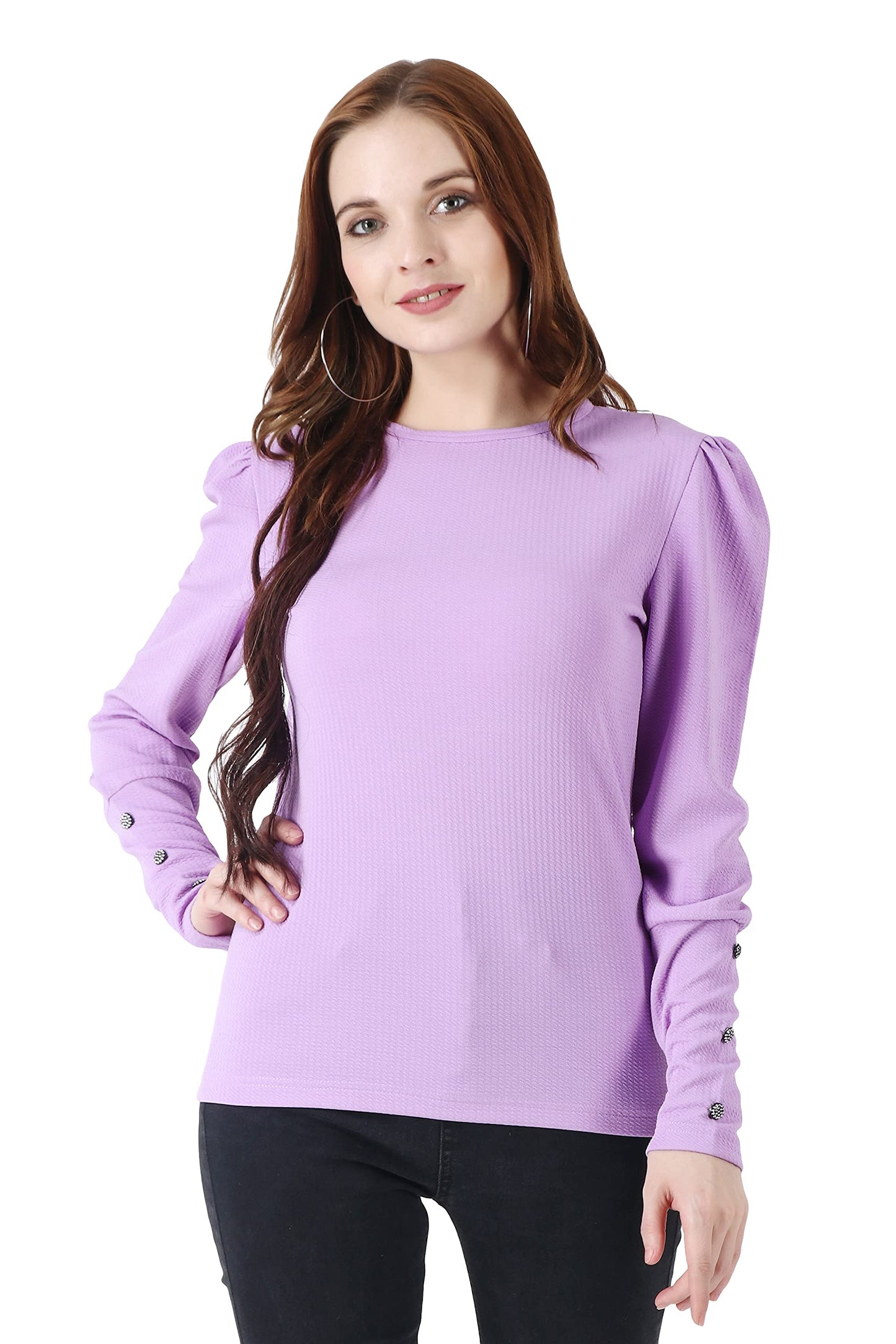 POPWINGS Casual Solid Puff Button Long Sleeves Regular Fit Tops for Women || Summer Round Neck and Stylish Western Lavender Top