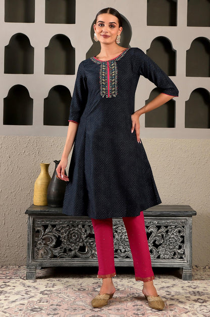 W For Woman Dark Blue Synthetic Polka Dot Regular Kurta With Glitter