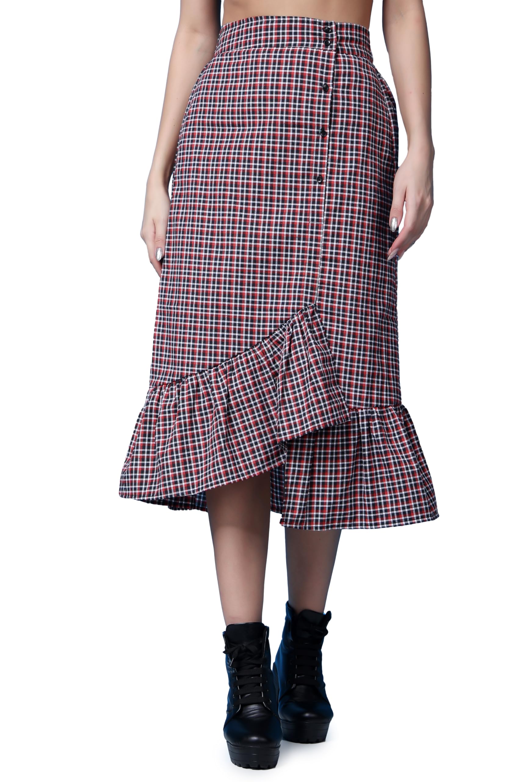 POPWINGS Casual Check Print Long Flare Skirt for Women | Cotton Skirt for Women Skirt for Women Red