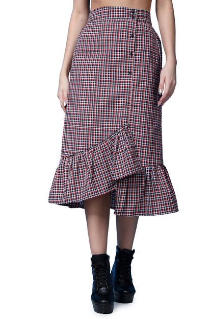POPWINGS Casual Check Print Long Flare Skirt for Women | Cotton Skirt for Women Skirt for Women Red