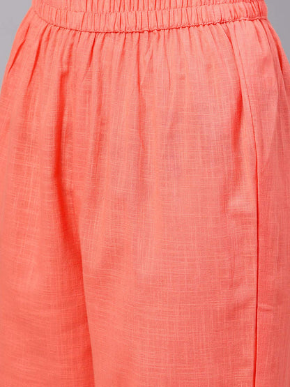 Idalia Rayon Peach Solid Straight Kurta Set For Women 3/4 Sleeve, Round V Neck Designer Kurta With Pant