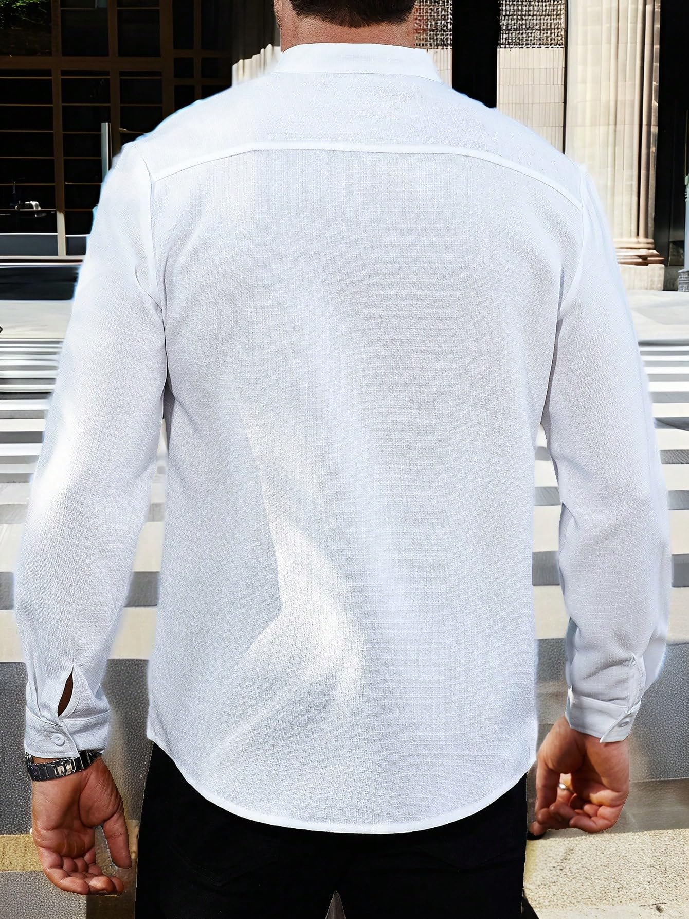 AVANOVA Mens Solid Urban Plain White Color Button-Down Long Sleeve Single-Breasted Stand Collar Slim Fit Business Casual Shirt,