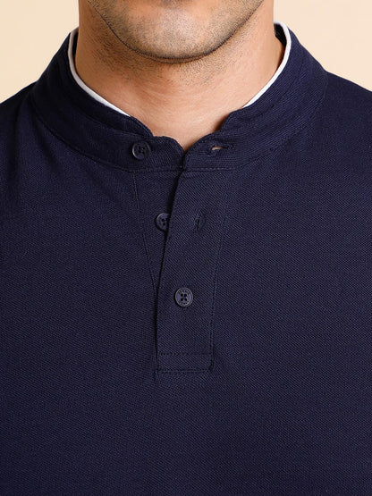Dennis Lingo MenS Slim Fit Solid Navy Stand Collar T-Shirt
