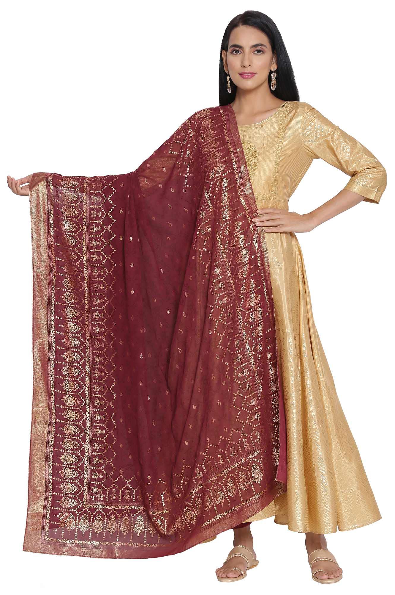 Aurelia Women Polyester Maroon Foil Print Dupatta, Red, Free Size