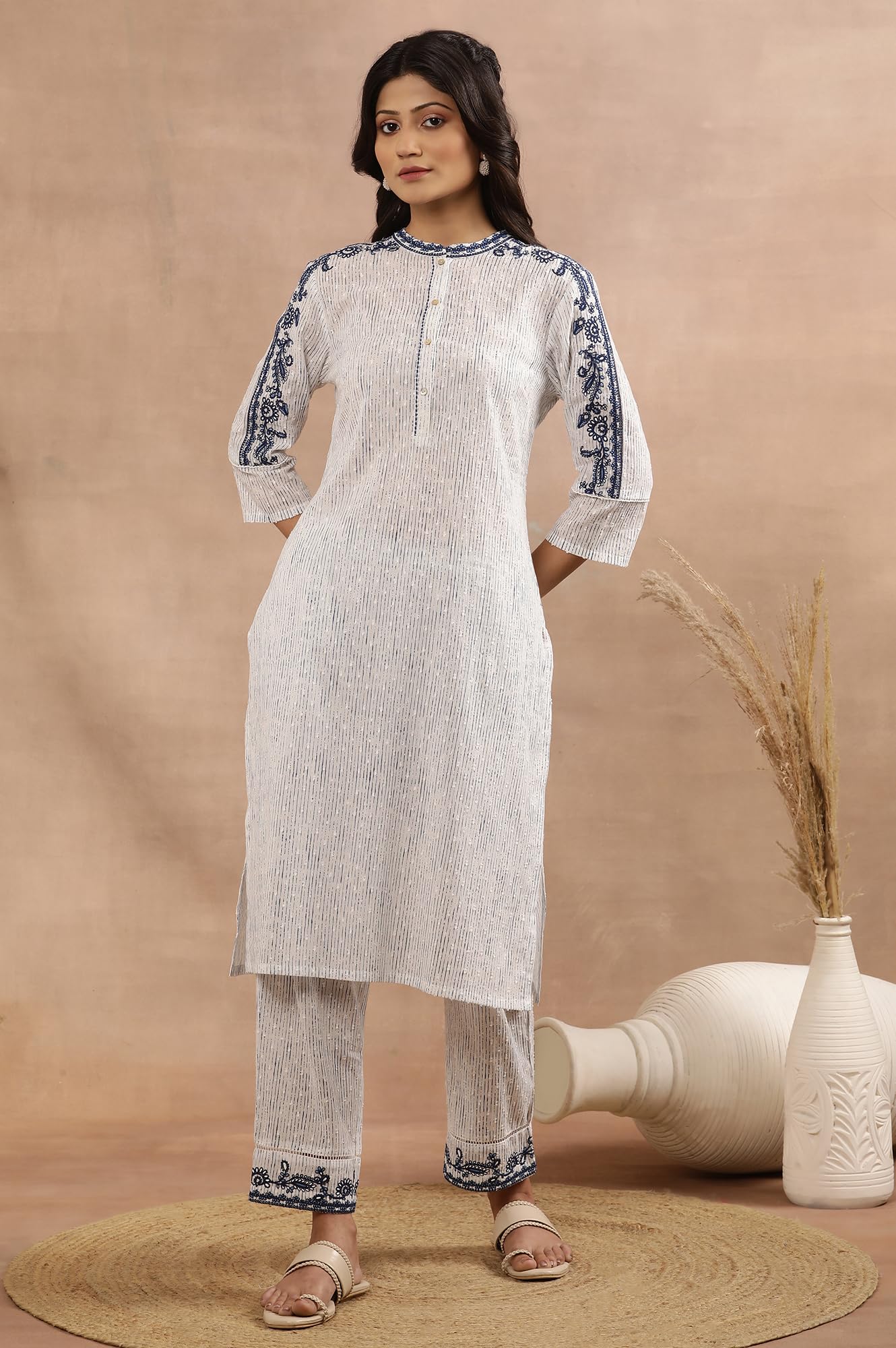 W for Woman White Cotton Stripe Printed Kurta with Thread Embroidery