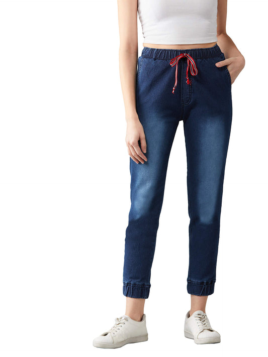 Dolce Crudo WomenS Navy Blue Solid Mid Rise Clean Look Regular Length Stretchable Denim Jogger Pants(Doss19Den06-17-71-26,Navy B