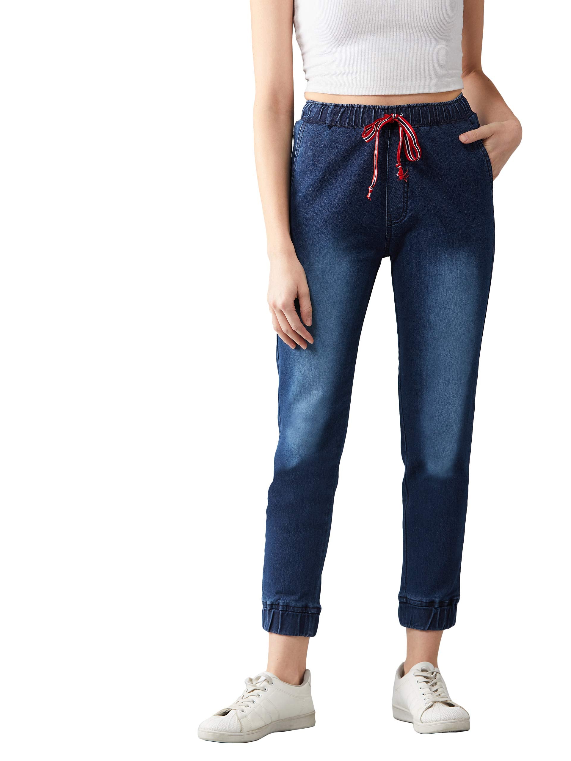 Dolce Crudo Womens Navy Blue Solid Mid Rise Clean Look Regular Length Stretchable Denim Jogger Pants(DOSS19DEN06-17-71-30,Navy 