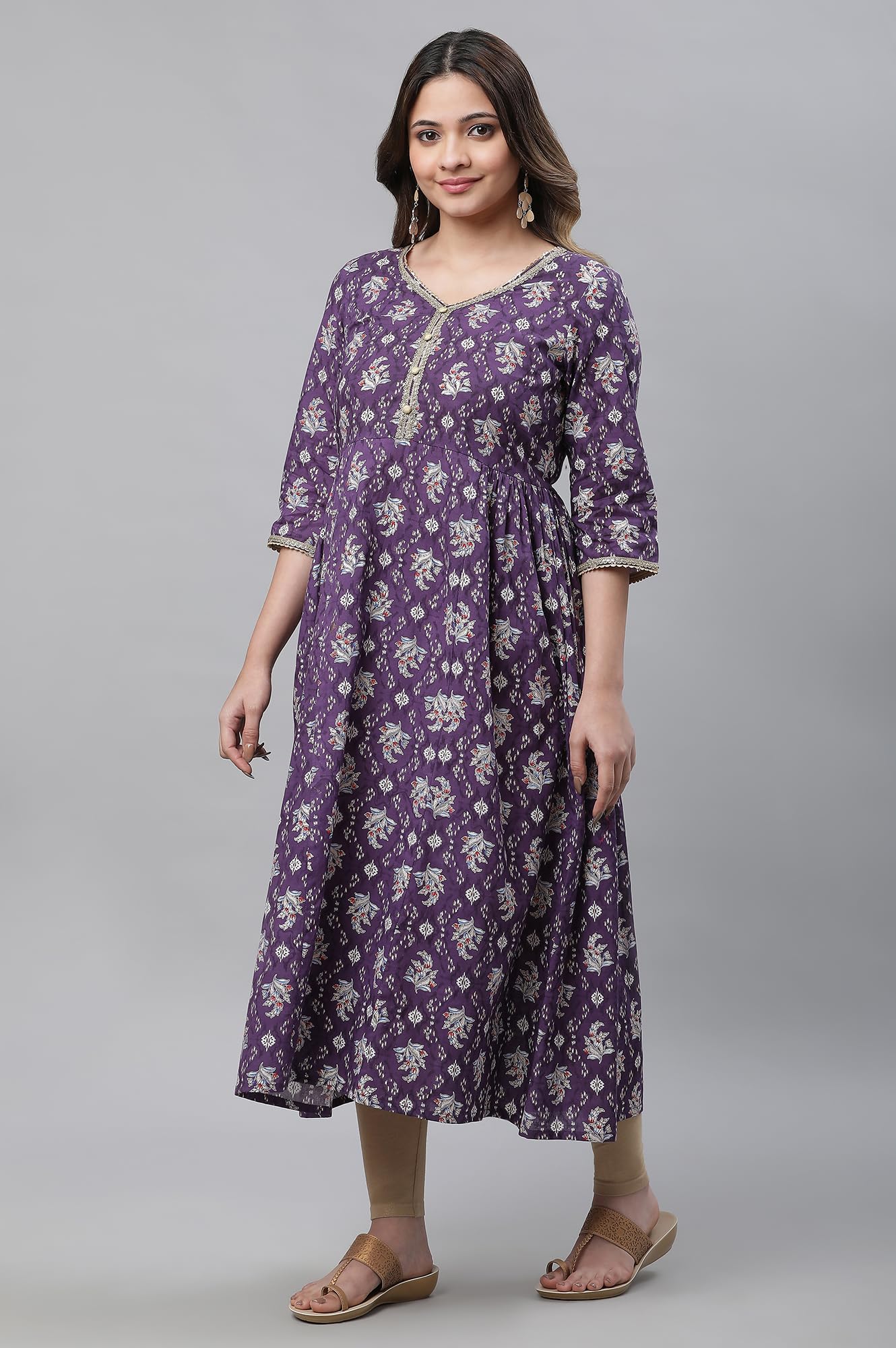 Aurelia WomenS Purple Floral Printed Printed Cotton Regular Kurta