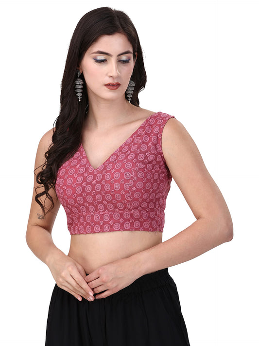 OOMPH! Womens Indian Ethnic Wear Designer Round Leaf Pattern V Neck Sleeveless Cotton Pink Blouse for Saree or Lehnga and Blous