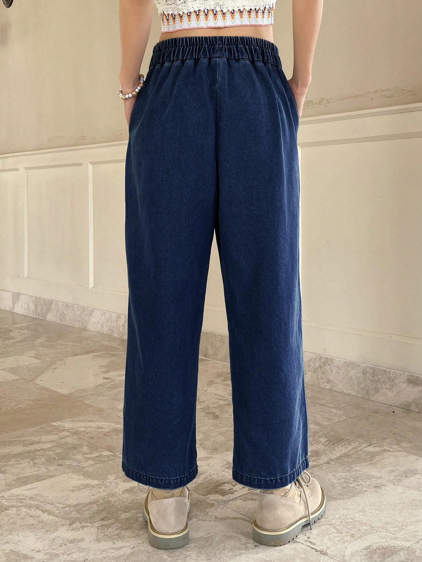 Shasmi Girls & Womens Dark Blie Denim Cotton Elastic Waist Cropped Straight Ankle Length Wide Leg Casual Baggy Jeans for Women