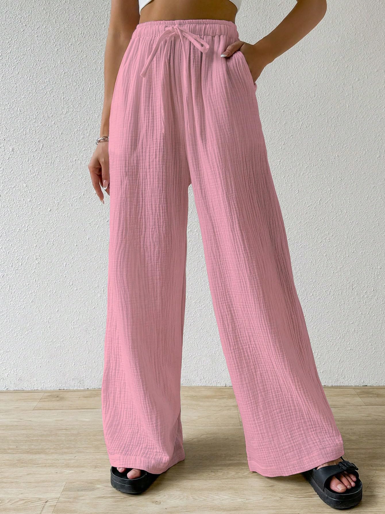 Shasmi Womens Baby Pink Loose Wide-Leg Pants with Textured Wrinkled Fabric and Drawstring Waist Long Trousers (Pant 157 Baby Pi