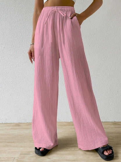 Shasmi Womens Baby Pink Loose Wide-Leg Pants with Textured Wrinkled Fabric and Drawstring Waist Long Trousers (Pant 157 Baby Pi