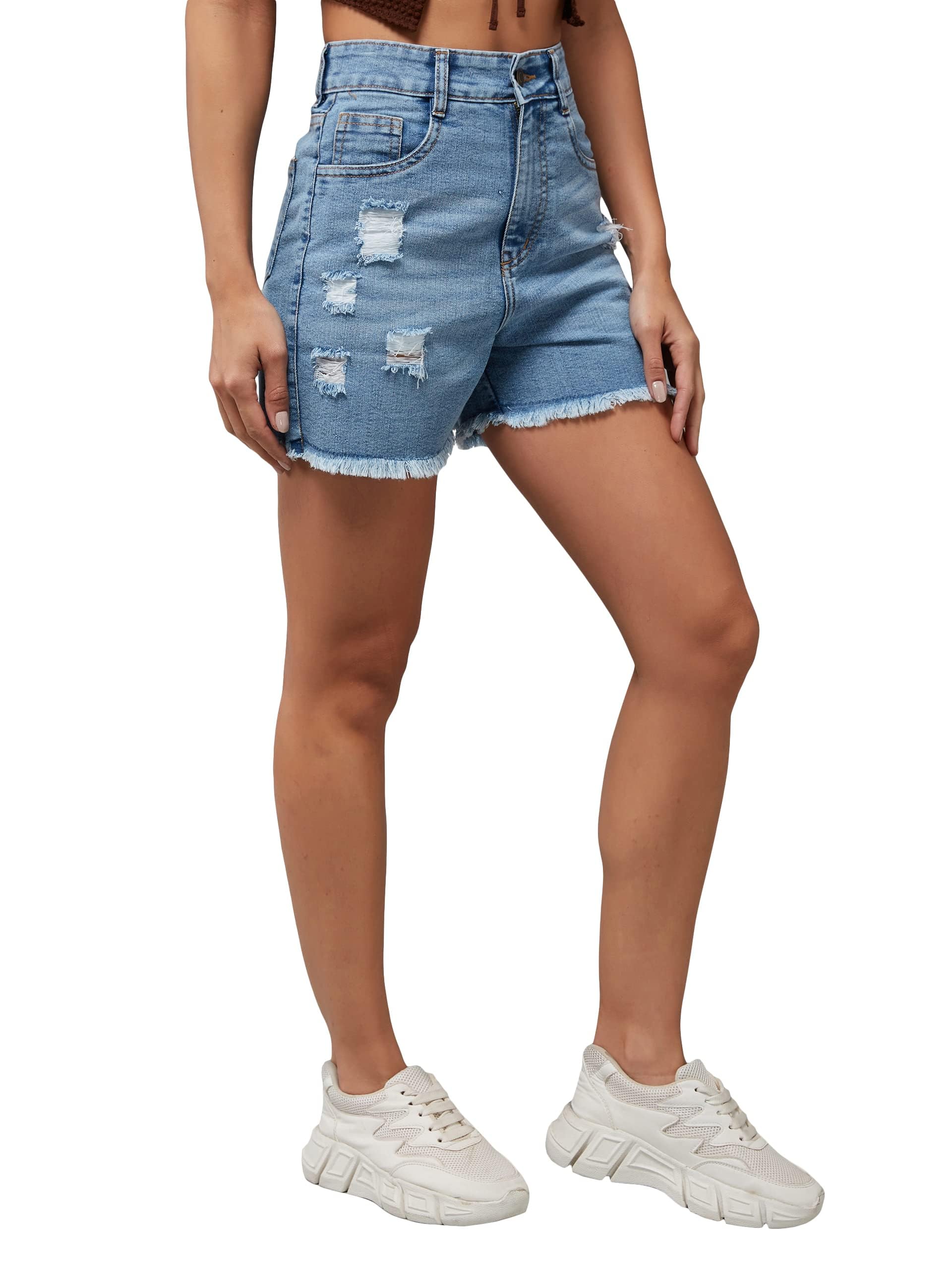 Miss Chase WomenS Relaxed Fit Mid Rise Regular Length Denim Shorts (Mcss23Den79-01-203-24, Light Blue, 24)