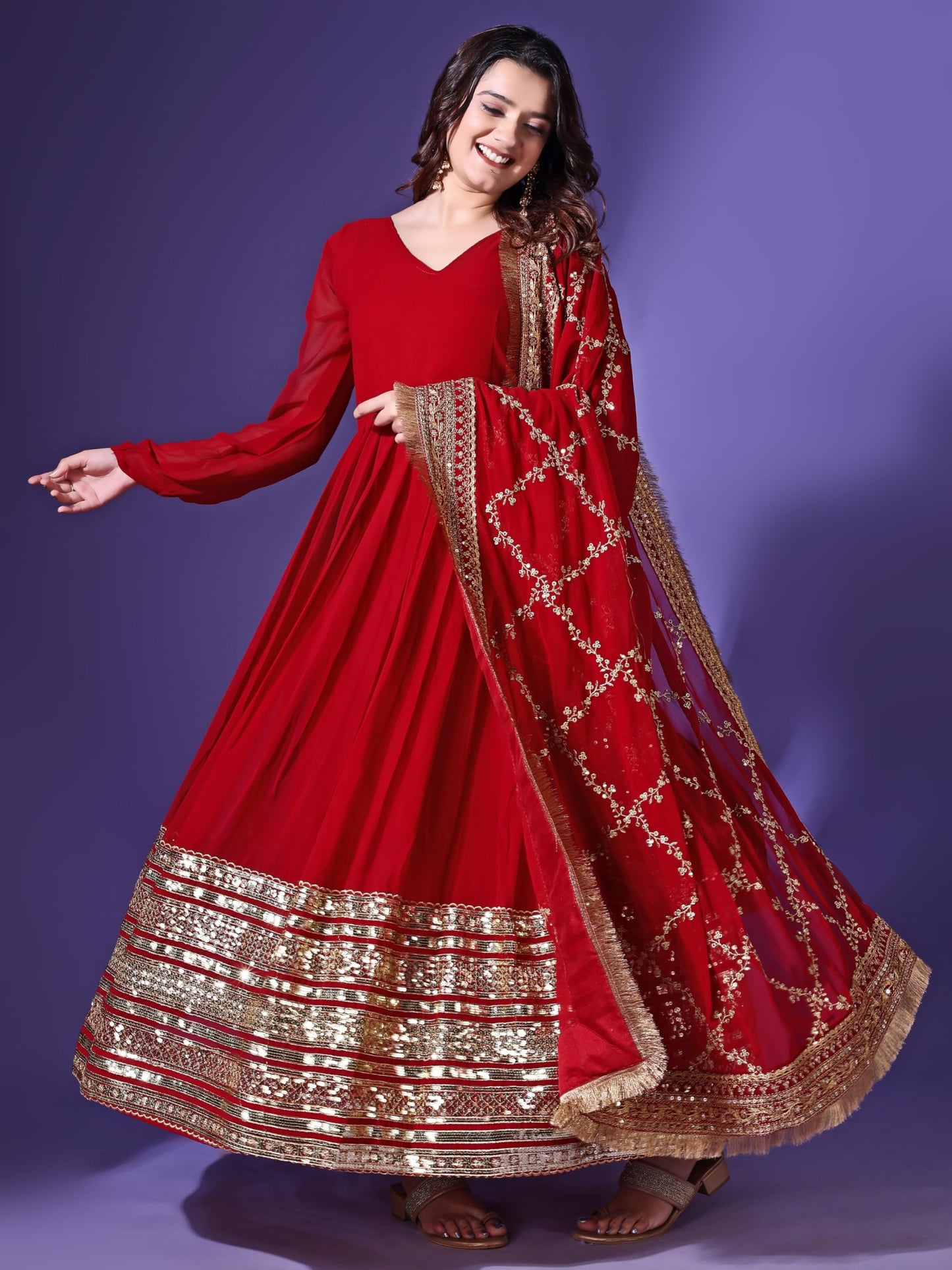 Fashion Basket WomenS Red Georgette Solid Anarkali Dress