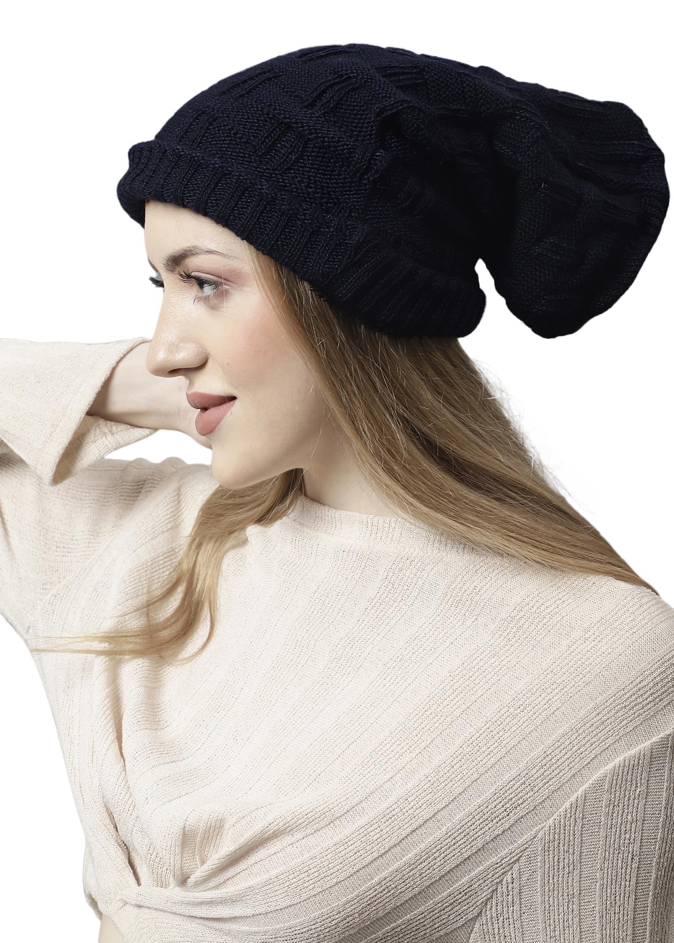 Weavers Villa Set of Snow Proof Inside Fur Acro Wool Unisex Beanie Cap Knit Hat Thick Fleece Lined Winter Cap and Gloves for Men