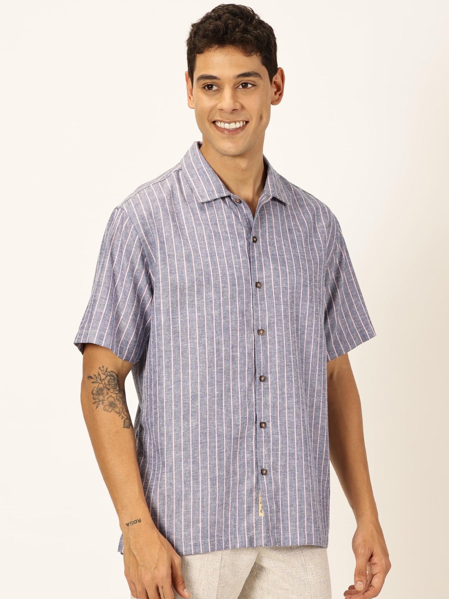 Thomas Scott Premium Linen Blend Half Sleeves Spread Collar Striped Casual Shirt for Mens Navy Blue