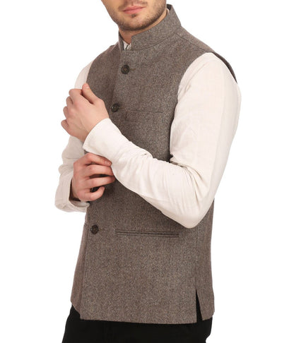 WINTAGE Mens Tweed Bandhgala Festive Nehru Jacket Waistcoat Grey