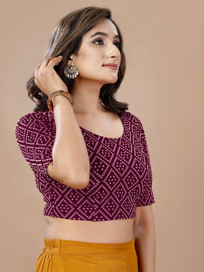 Oomph! WomenS Indian Ethnic Wear Designer Bandhani Pattern Zari Work Boat Neck Half Sleeve Aubergine Purple Color Lycra Readyma