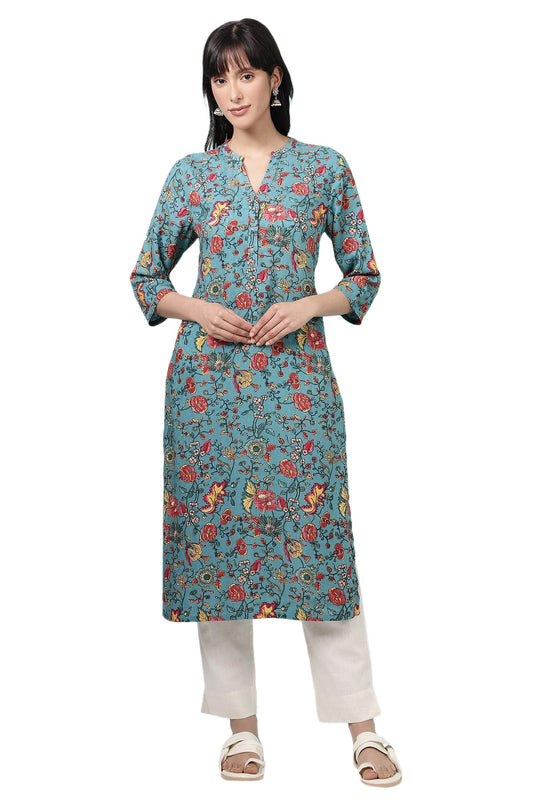 W for Woman Teal Blue Floral Printed Straight Kurta