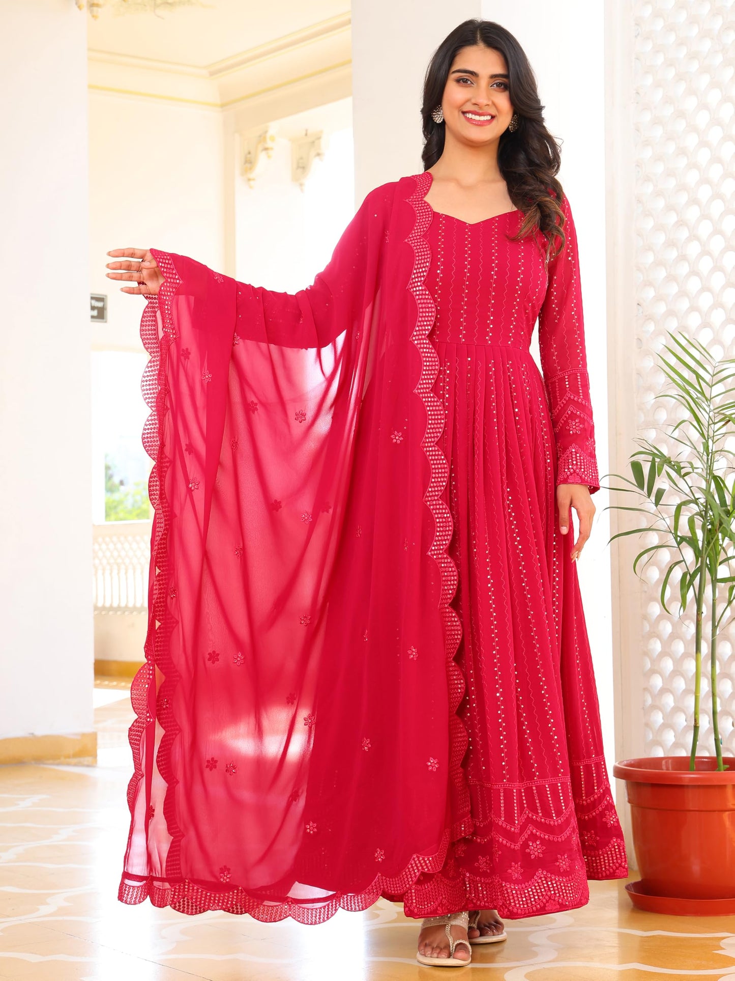 Fashion Basket Georgette Embroidered Anarkali Kurta Set For Women Pink