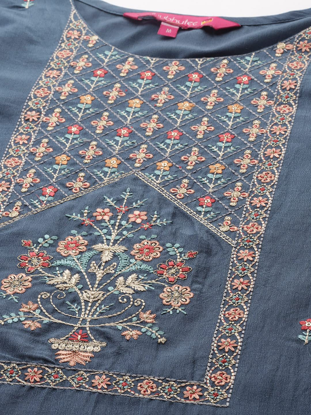 anubhutee Women's Silk Blue Floral Embroidered Straight Kurta Suit Set With Pants And Dupatta