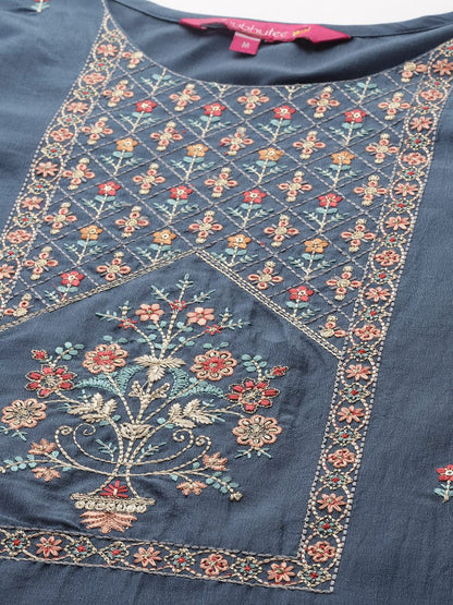 anubhutee Women's Silk Blue Floral Embroidered Straight Kurta Suit Set With Pants And Dupatta