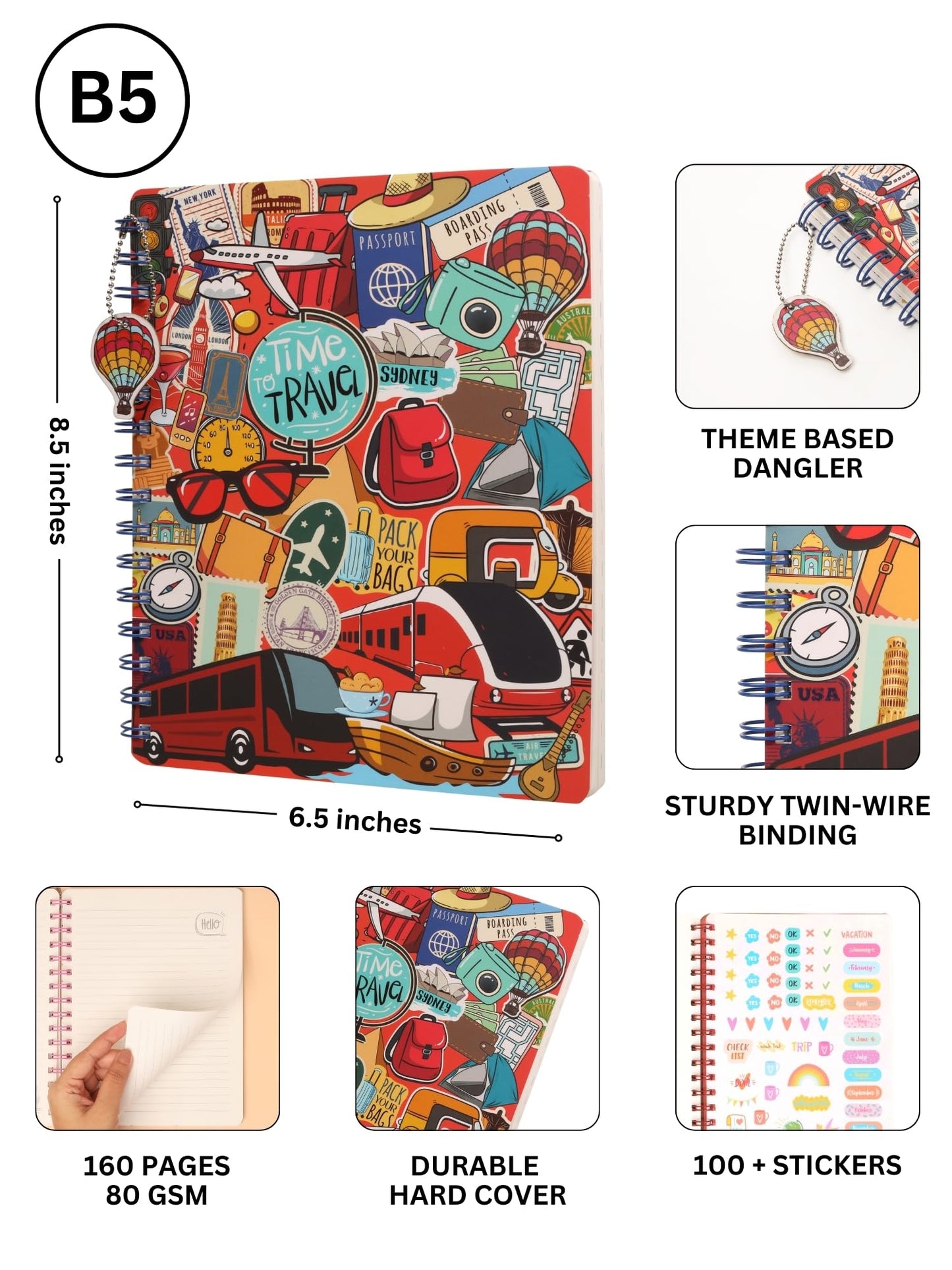 DOODLE B5 Hardcover Wiro/Spiral Notebook for Note Taking with Theme Based Dangler | 160 Undated Ruled Pages | 80gsm Acid Free Pa