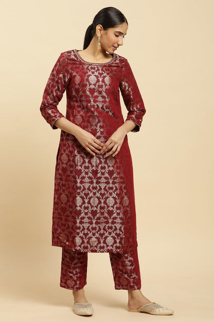 W WomenS Red Floral Printed Jacquard Kurta And Pant Set With Metallic Embroidery