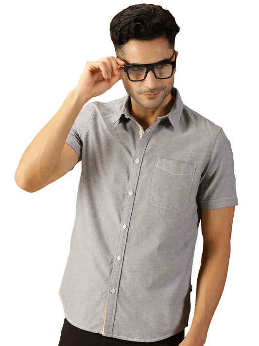 Thomas Scott Spread Collar Slim Fit Solid 100% Cotton Half Sleeve Shirt for Mens Black