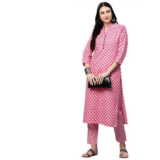 GoSriKi Women's Cotton Straight Kurta with Palazzo (REVATHI New Pink)