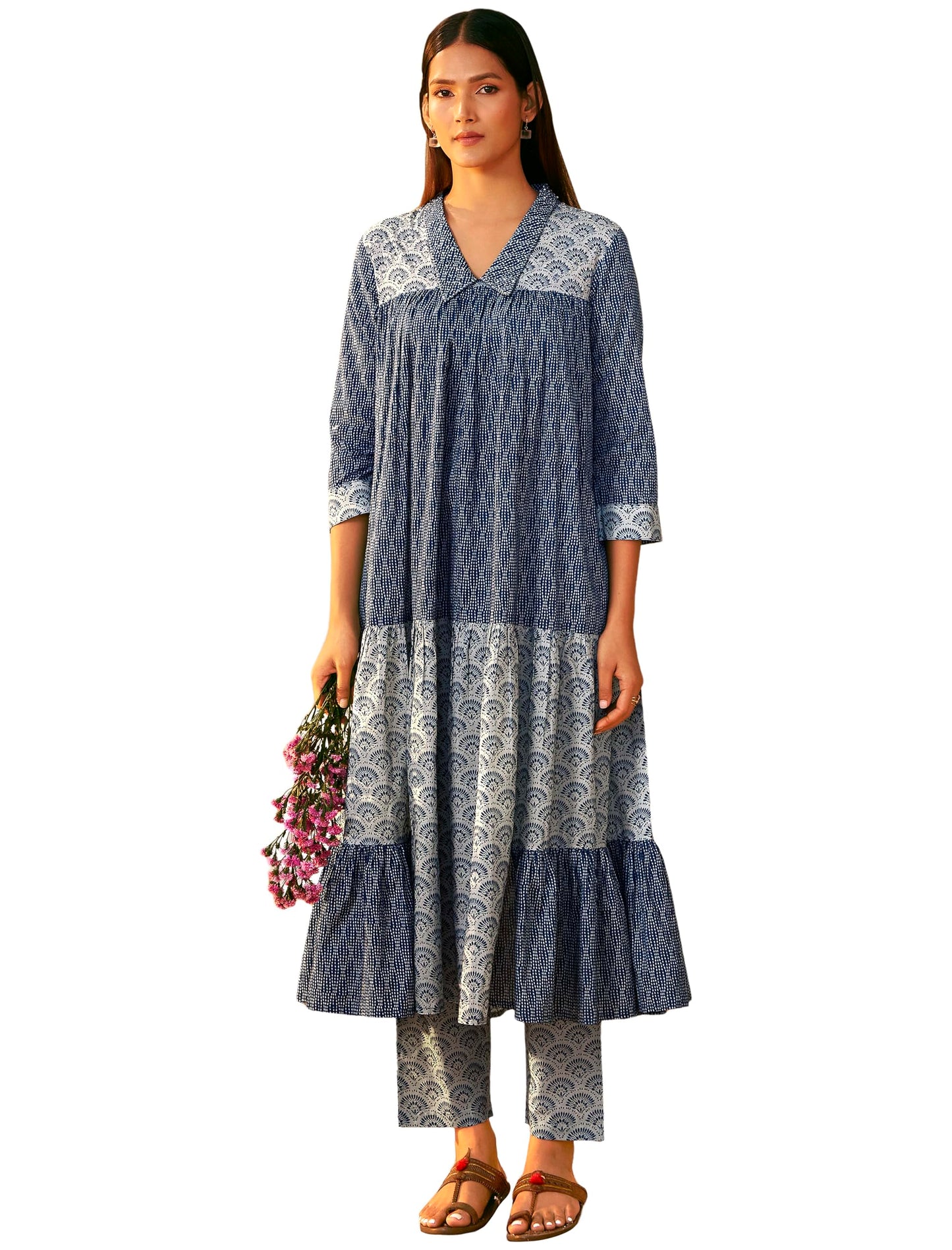 Pinkmint Ethnic Indigo Pure Cotton Tiered Kurta Set with Comfortable Pure Cotton Straight Pants l Regular Wear l Outdoor Wear