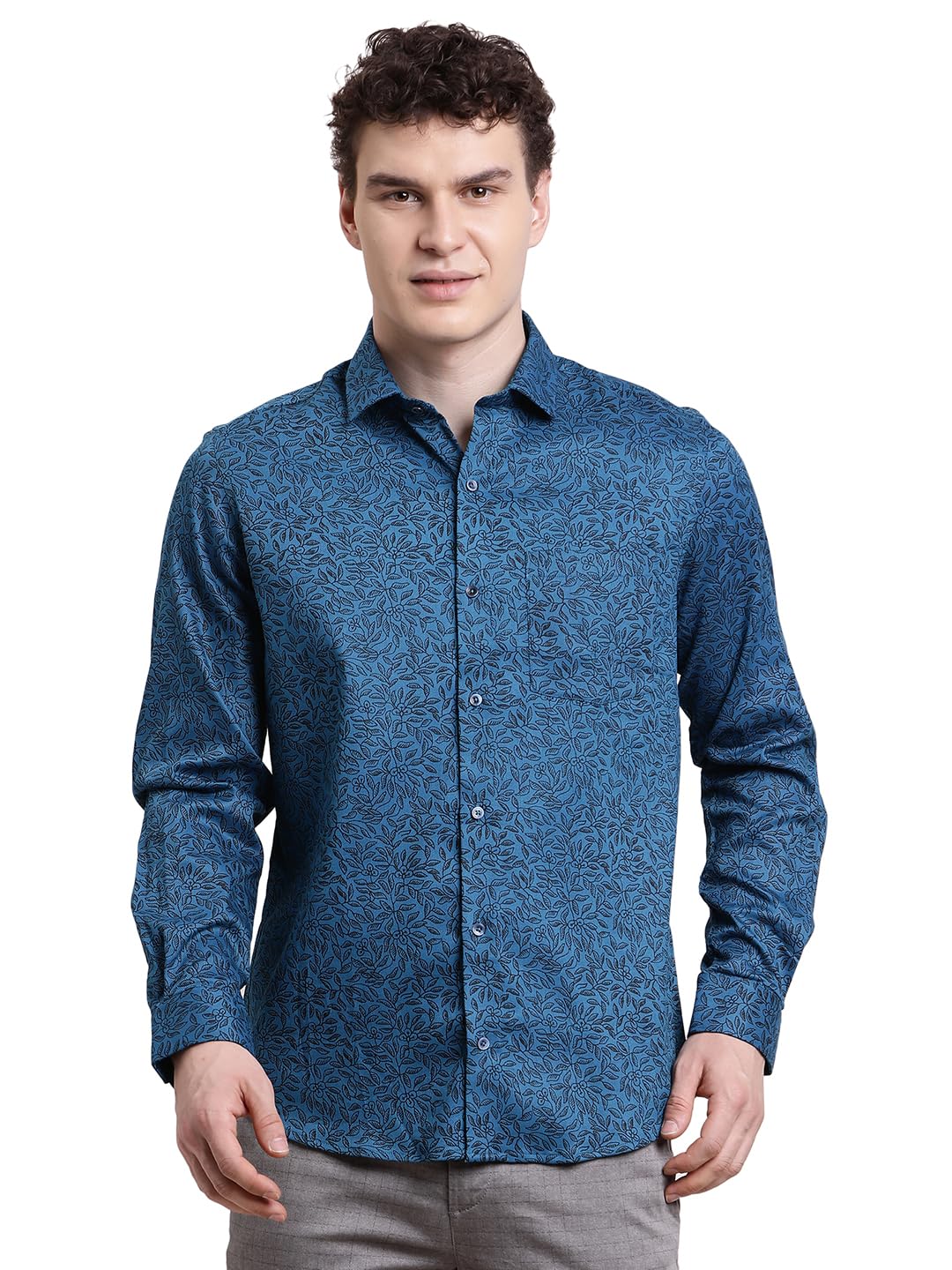 Turtle Men Slim Fit Printed Pure Cotton Blue Party Shirt