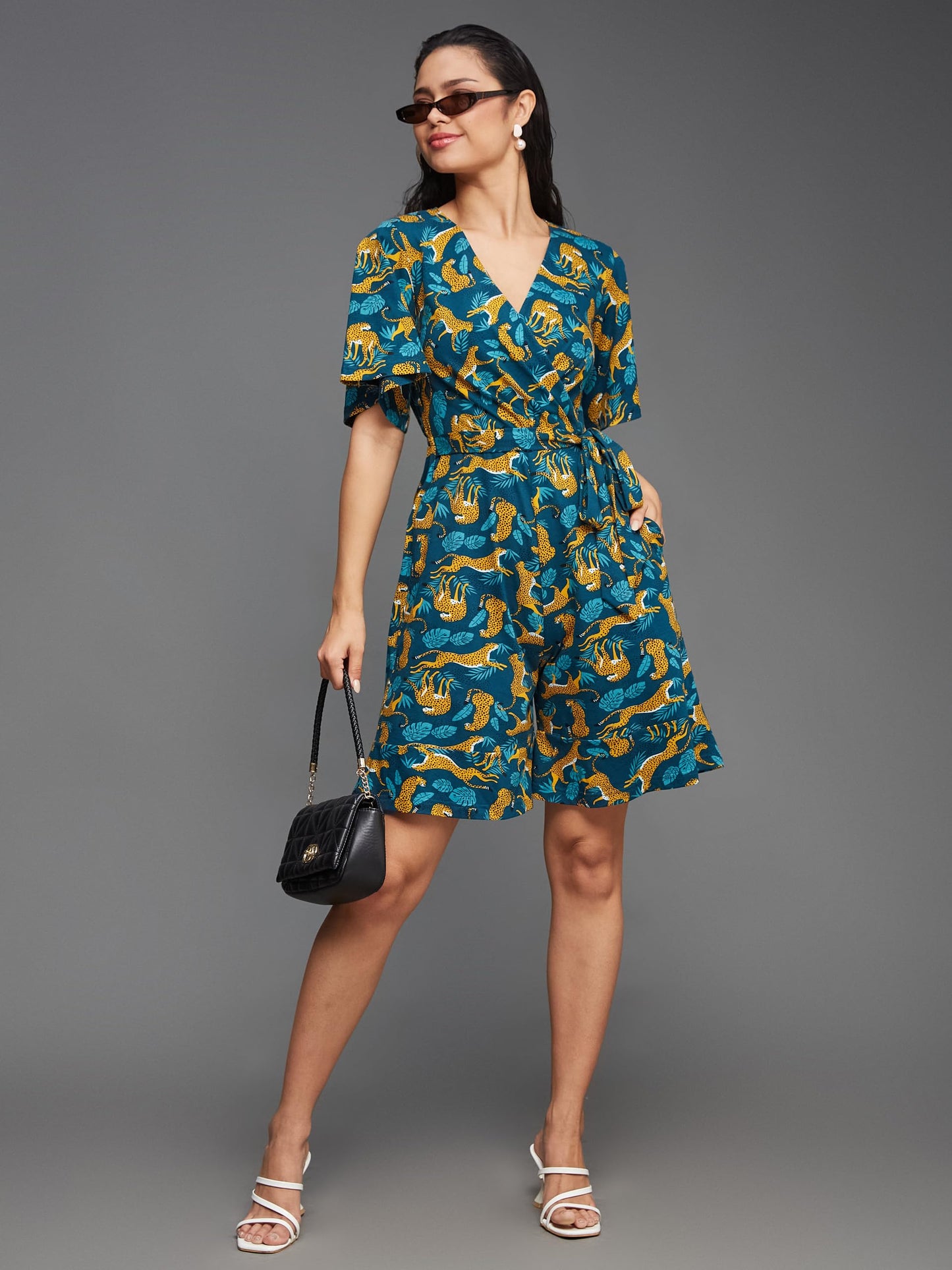 Miss Chase WomenS V-Neck Half Sleeve Animal Patterned Wrap Styled Pure Cotton Knee Long Playsuit With Pockets (Mcss24D19-12-306