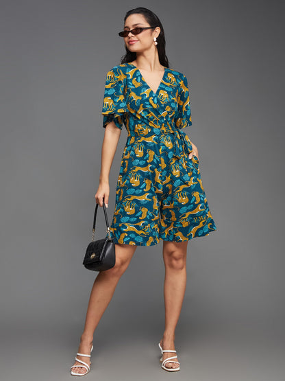Miss Chase WomenS V-Neck Half Sleeve Animal Patterned Wrap Styled Pure Cotton Knee Long Playsuit With Pockets (Mcss24D19-12-306
