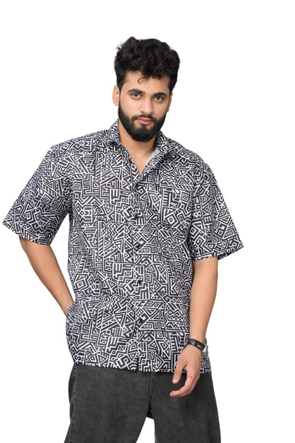 Brown Culture MenS Cotton Blend Geometric Print Shirt With Spread Collared Half Sleeves Standard Length And Button Down Closure