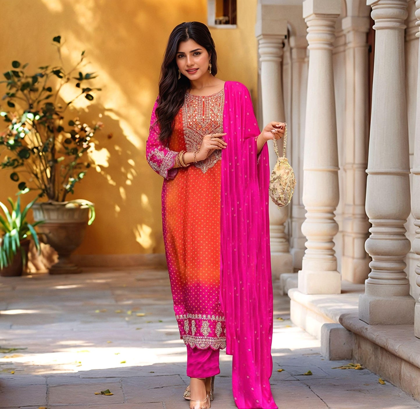 ANNI DESIGNER Women's Rayon Viscose Straight Bandhani Embroidered Kurta with Pant & Dupatta